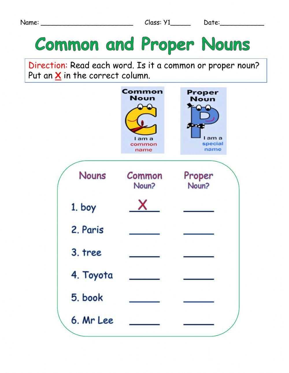 common and proper nouns worksheet for class 1