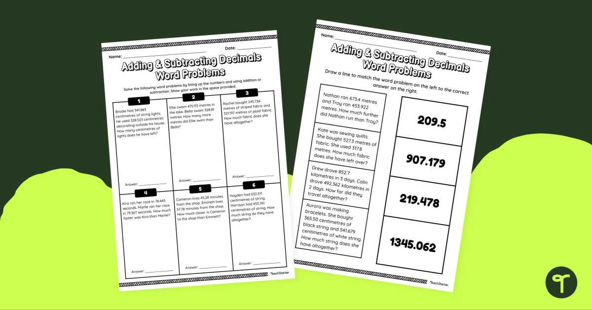 adding and subtracting decimals word problems worksheet