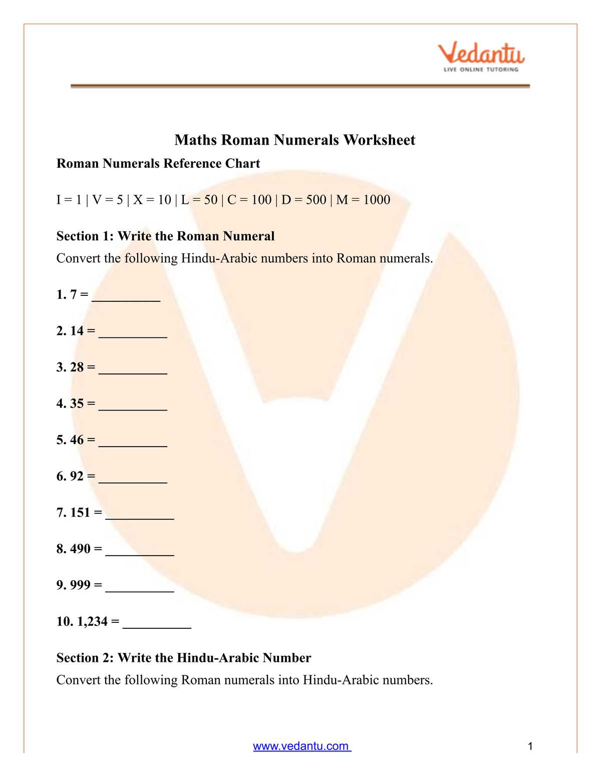 roman numerals worksheet