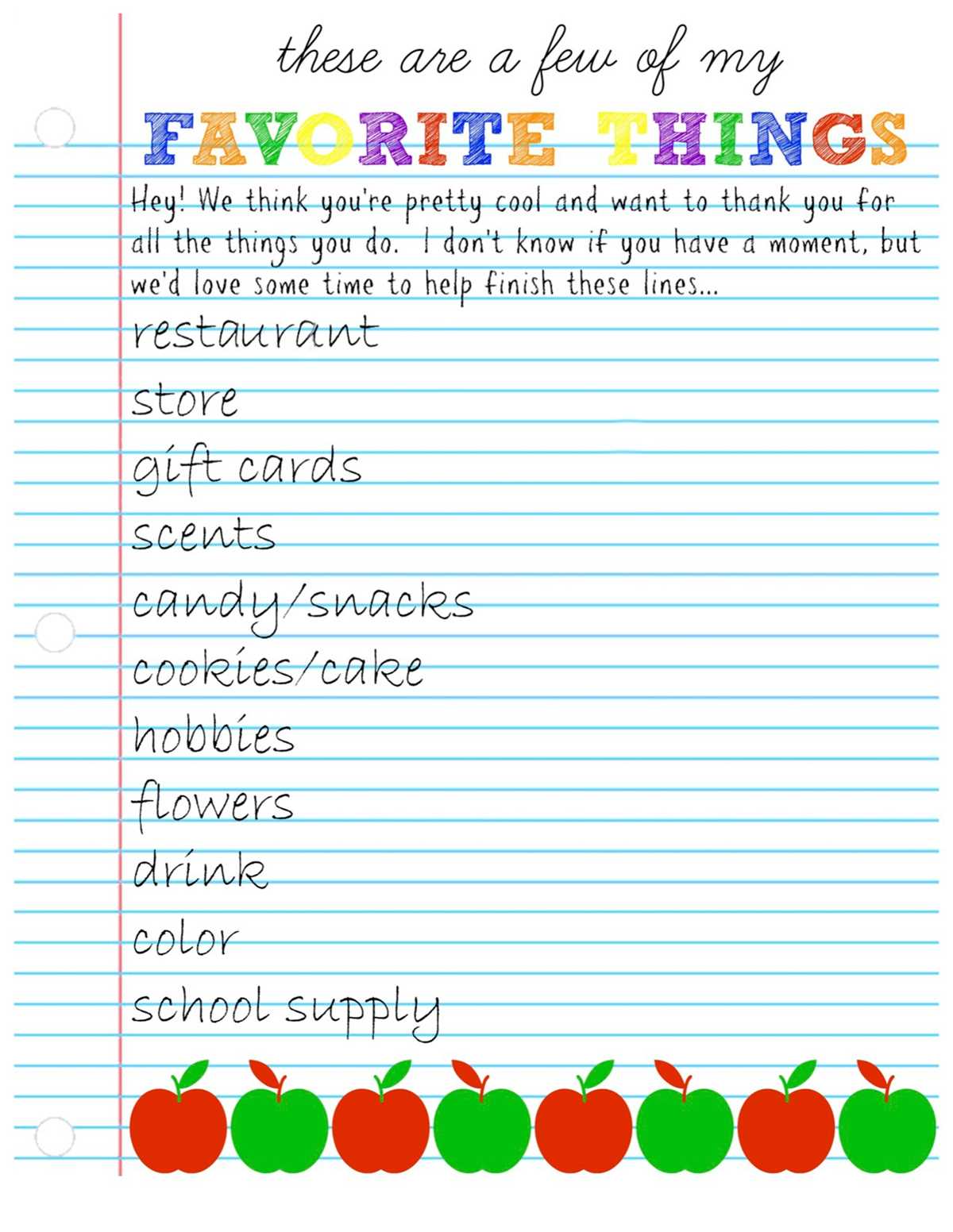 my favorite things worksheet for adults