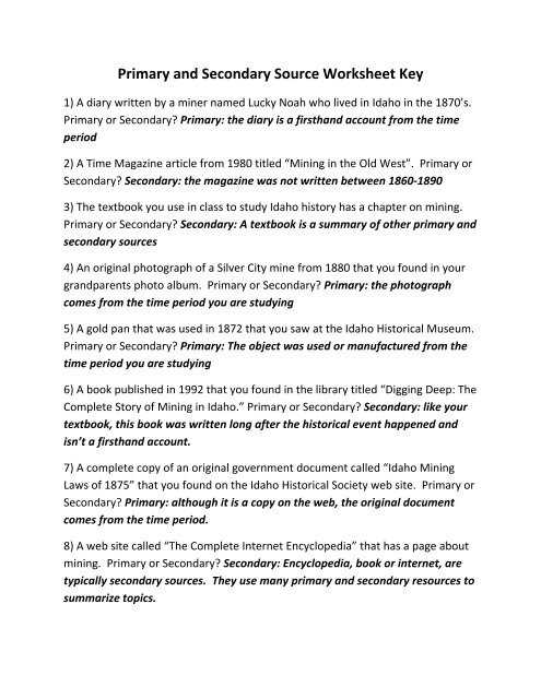 worksheet on primary and secondary sources