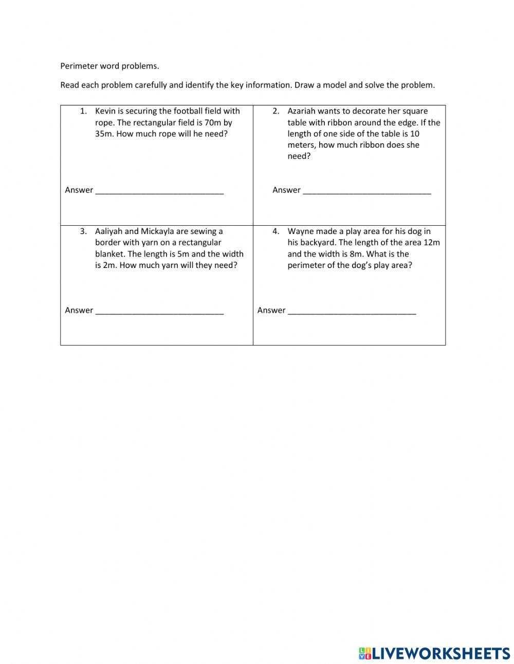 perimeter worded problems worksheet
