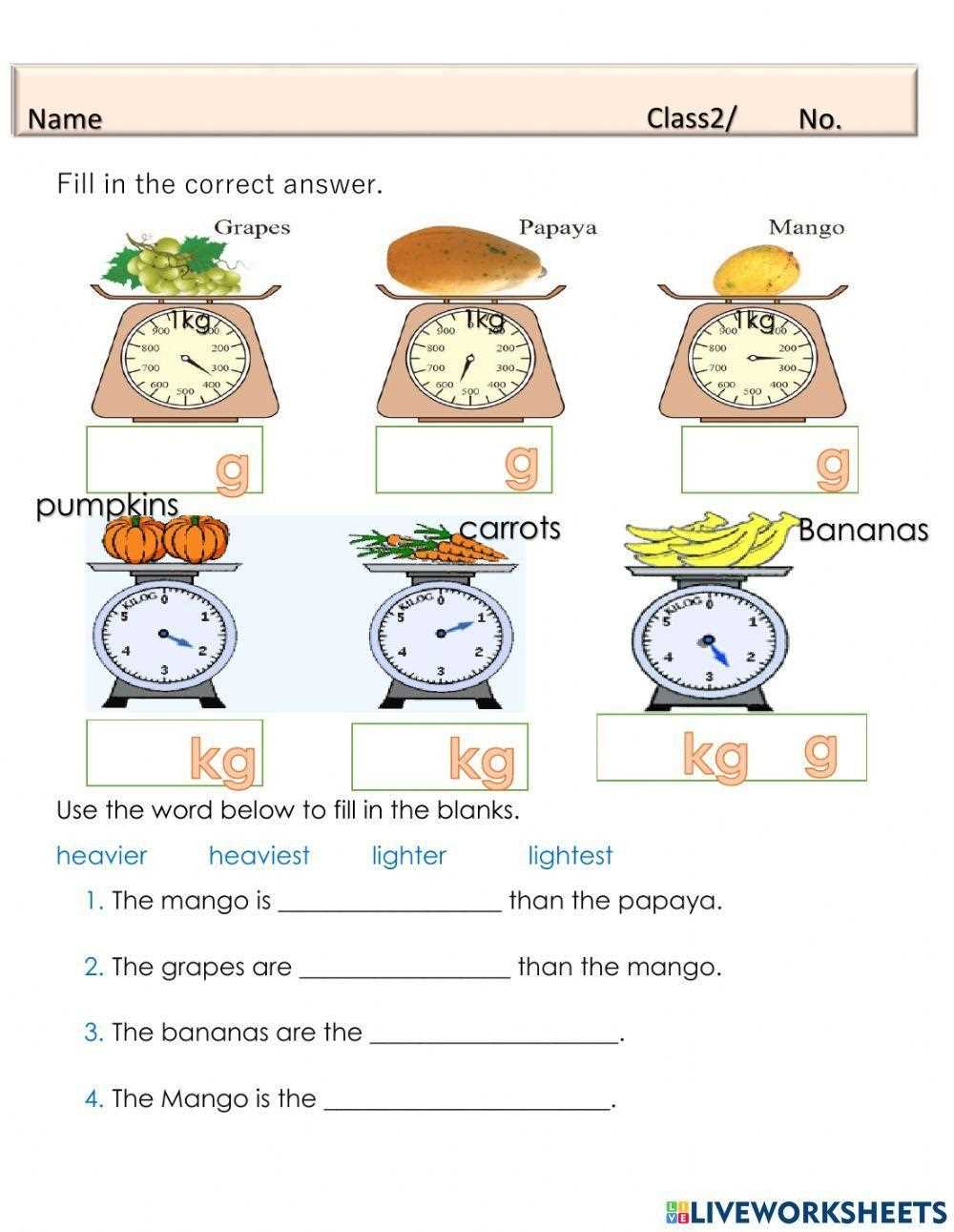 measurement mass worksheets