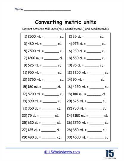 worksheets for converting metric units