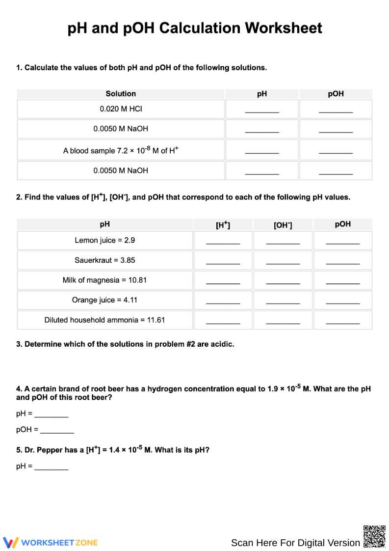 ph and poh worksheet