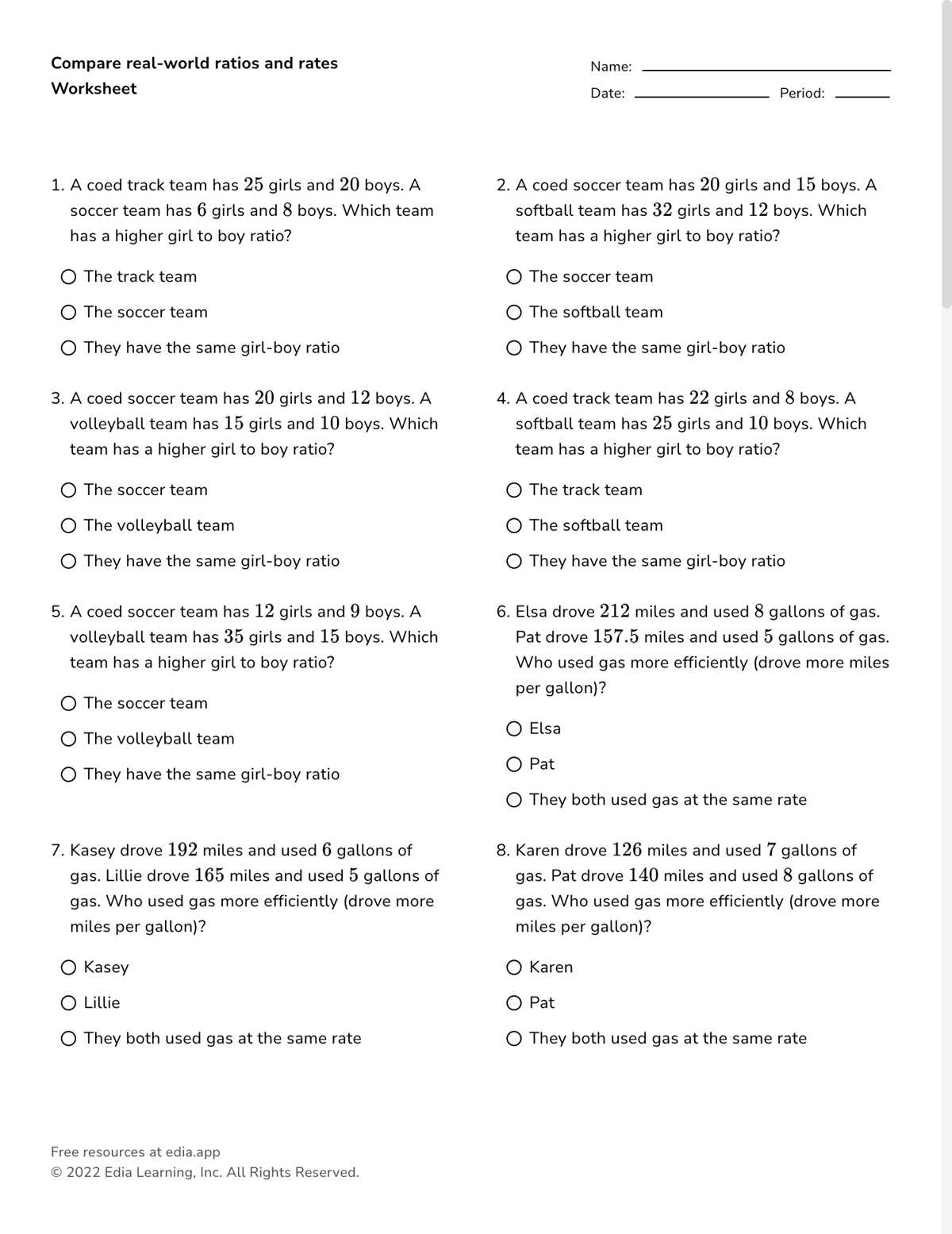compare ratios worksheet