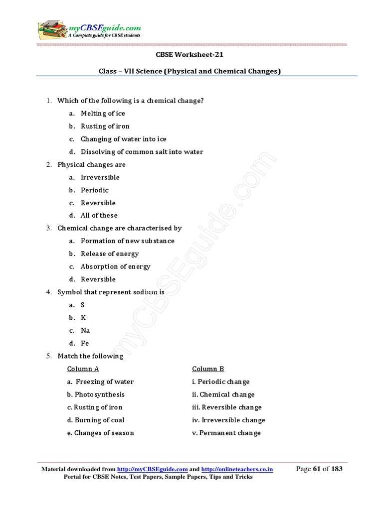 physical vs chemical changes worksheet