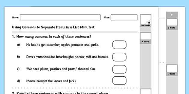 worksheet commas in a series