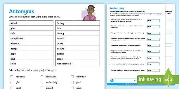 antonyms in sentences worksheets