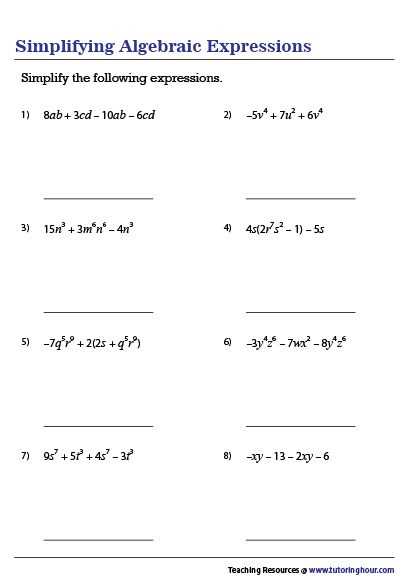 algebra simplifying expressions worksheet