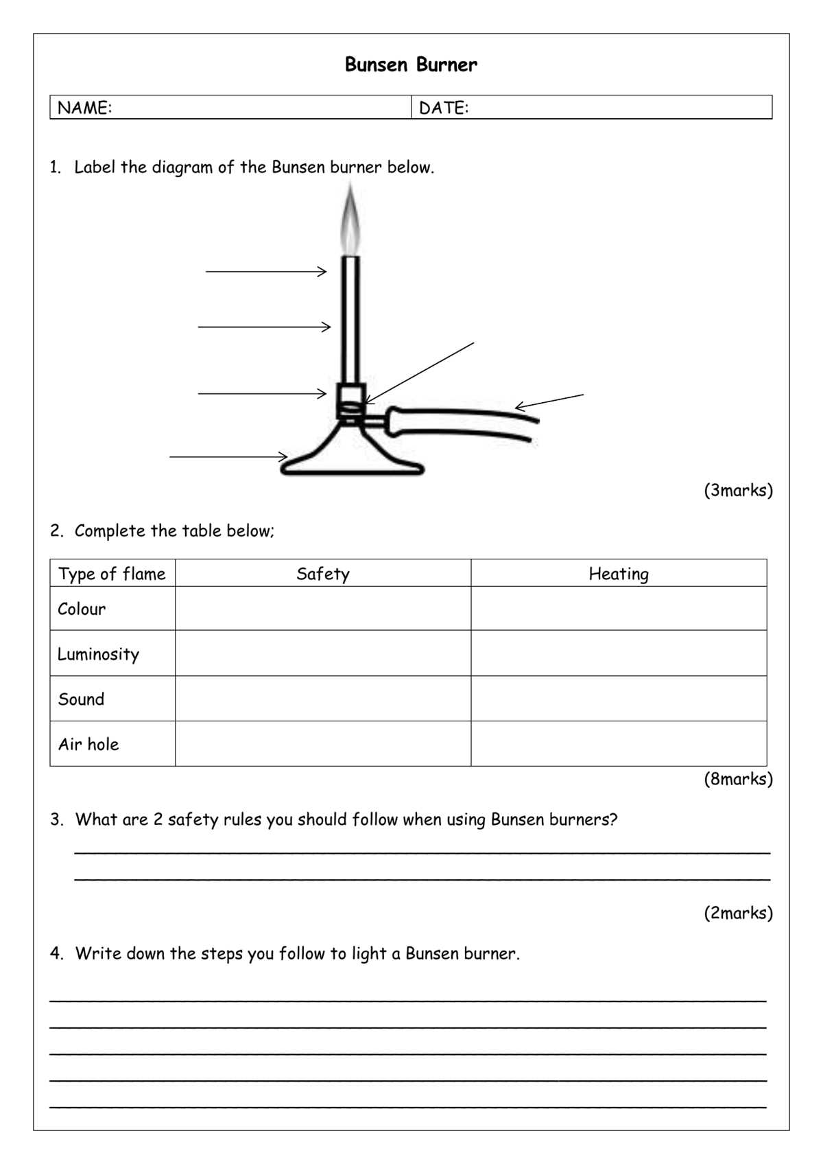 bunsen burner lab worksheet