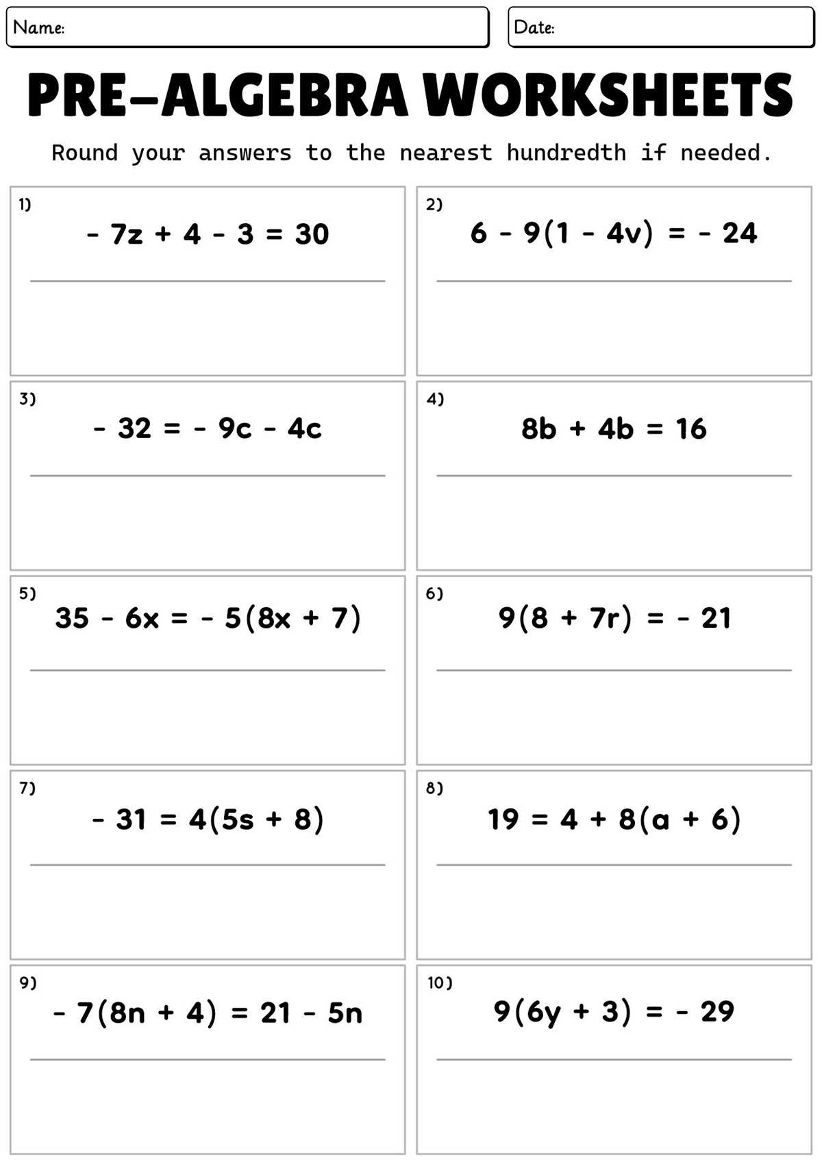 pre algebra worksheets for 7th graders