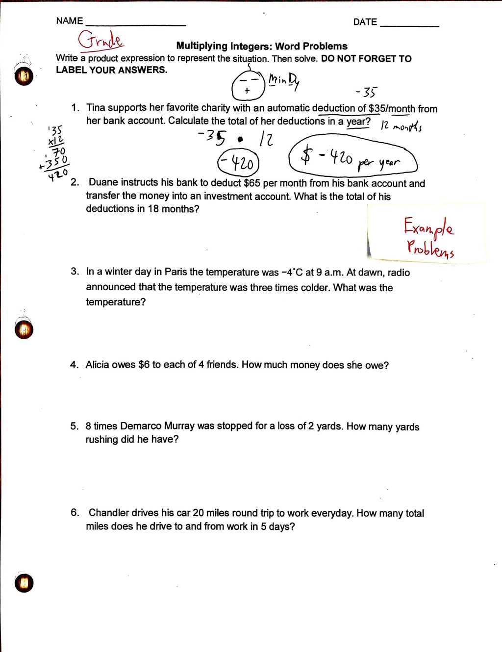 problem solving with integers worksheet