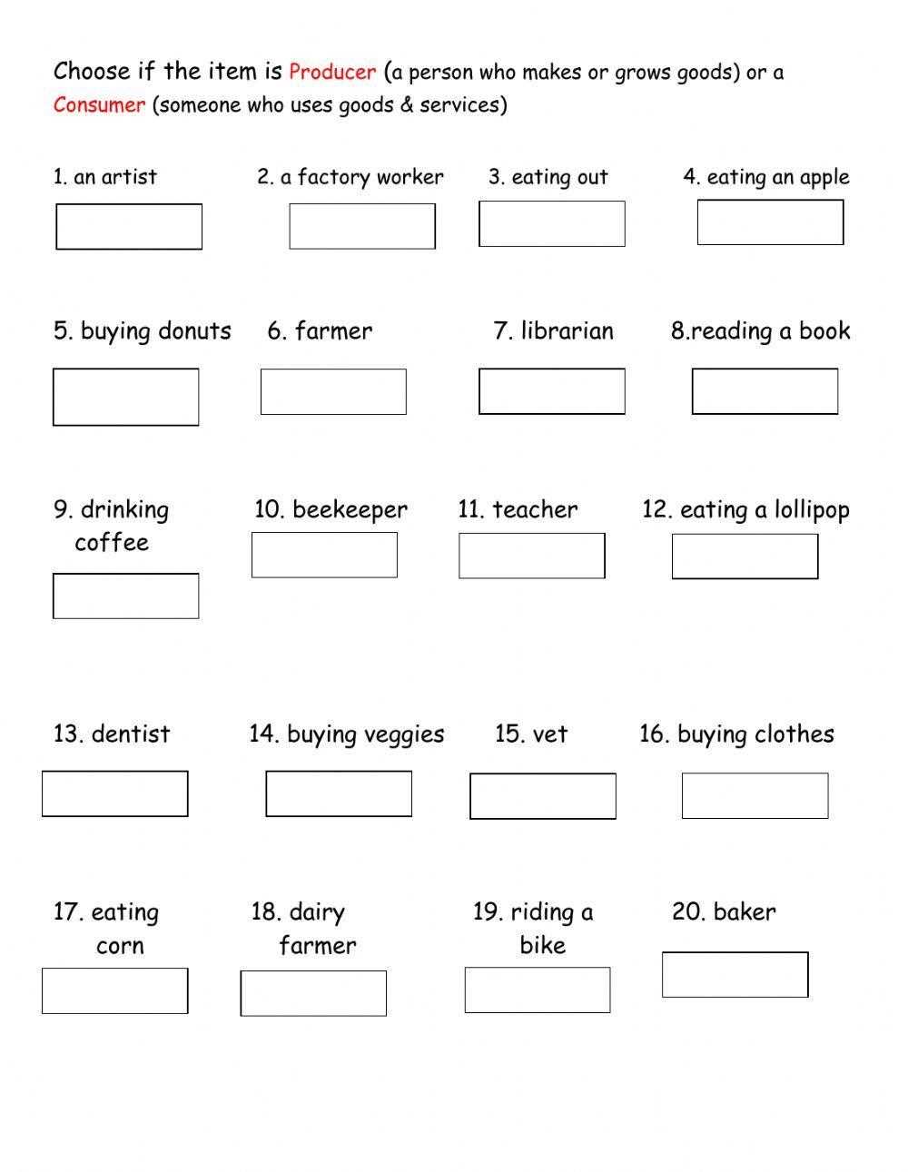 producer consumer worksheet