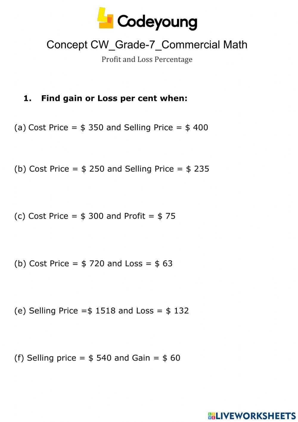 profit and loss worksheet