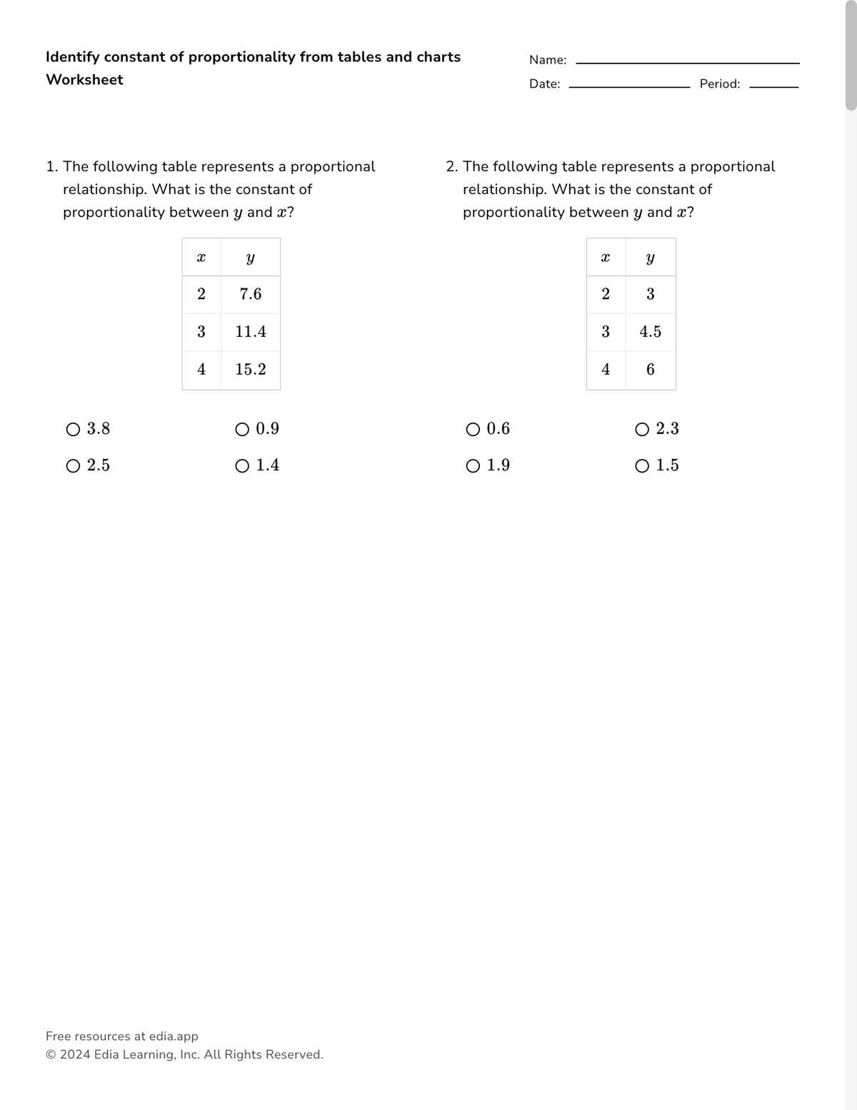 proportional and nonproportional relationships worksheet