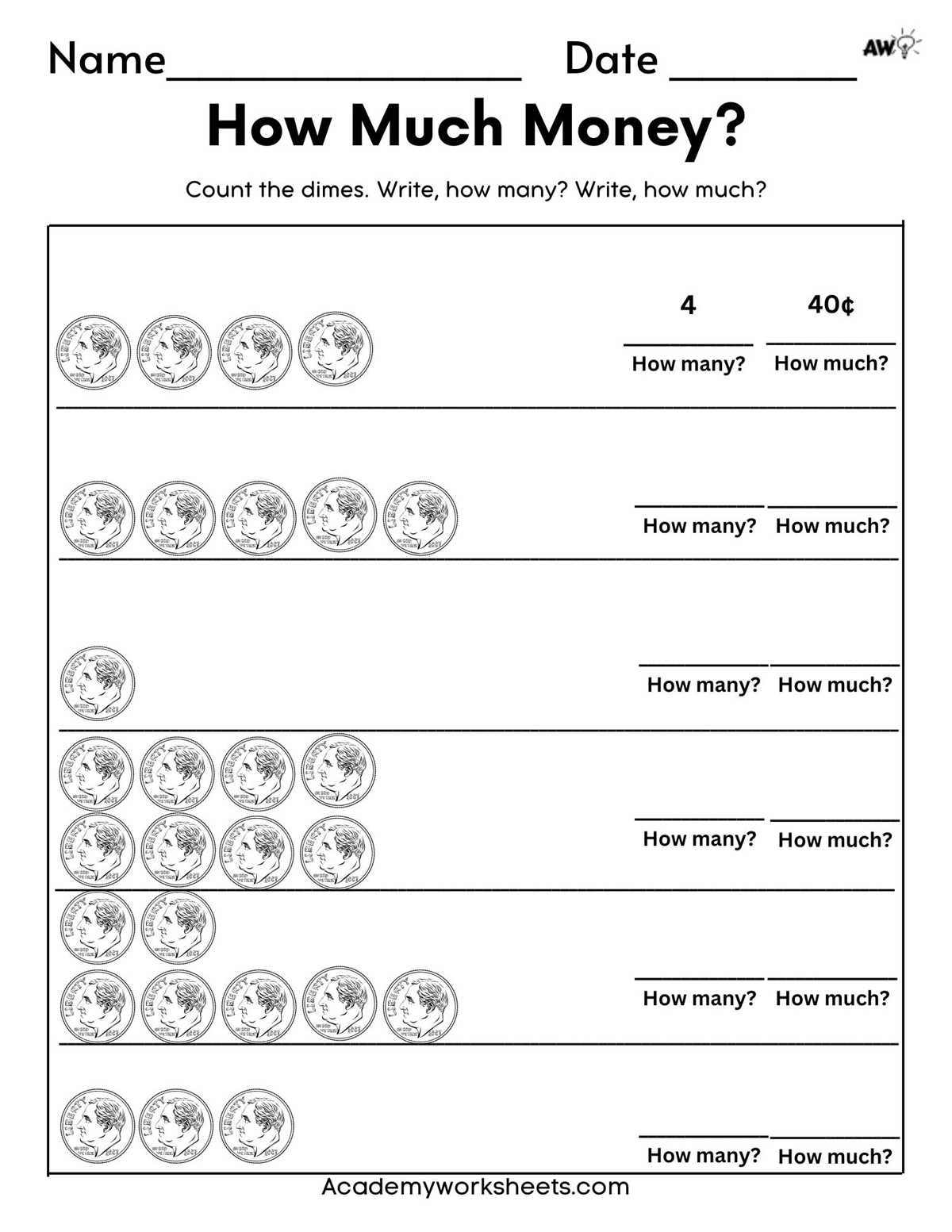 dime worksheets for kindergarten