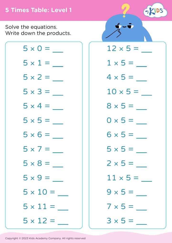 5 table worksheet