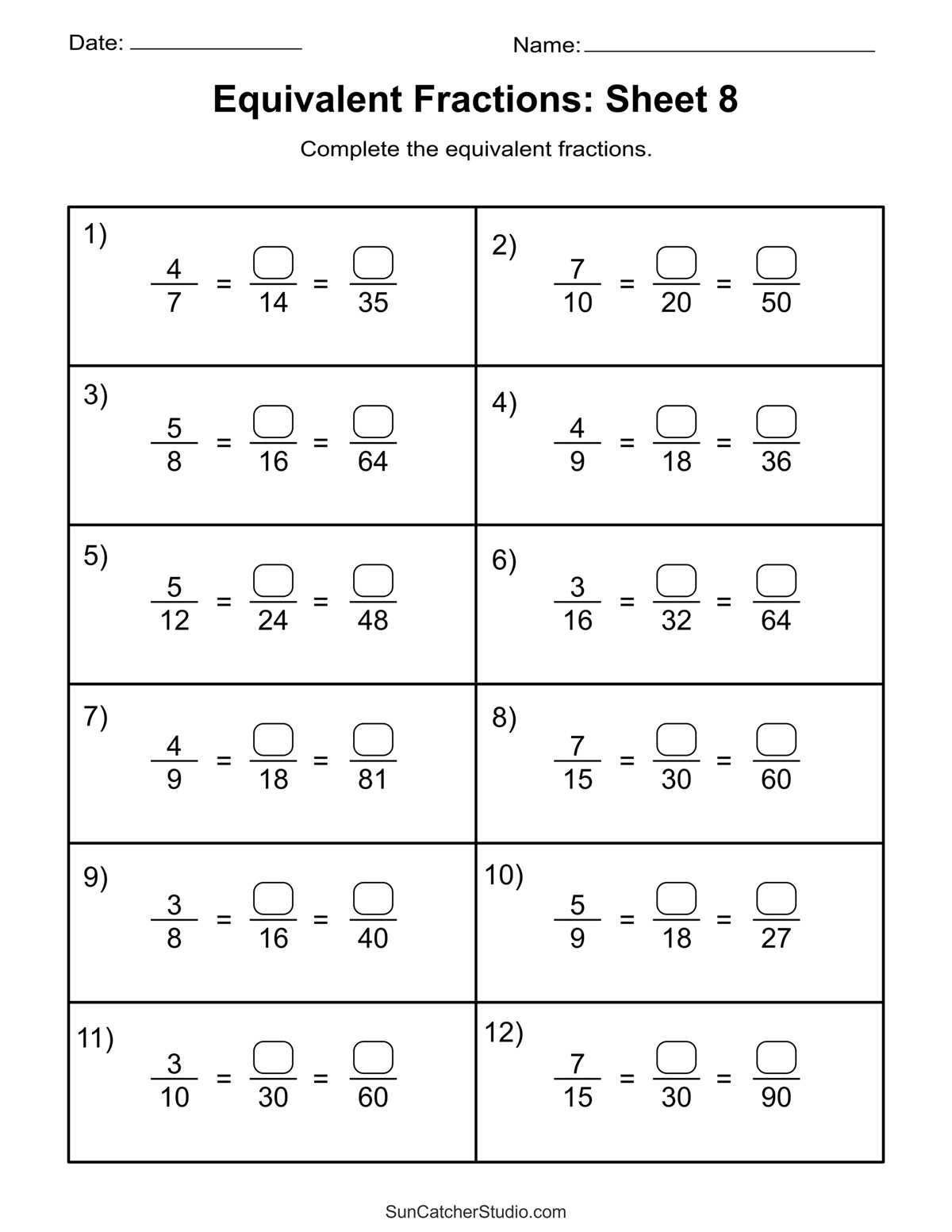 4th grade fraction review worksheet