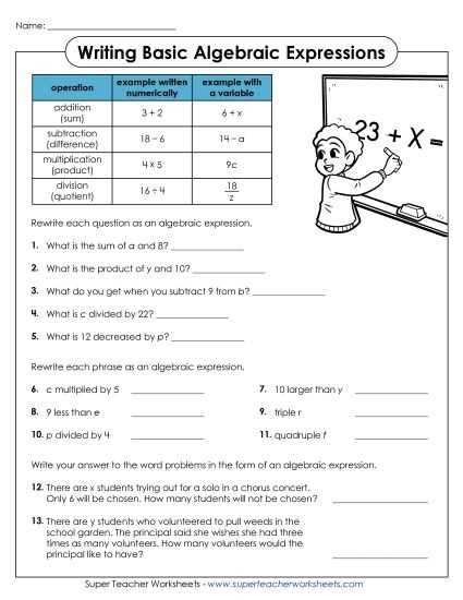 algebraic expression word problems worksheet