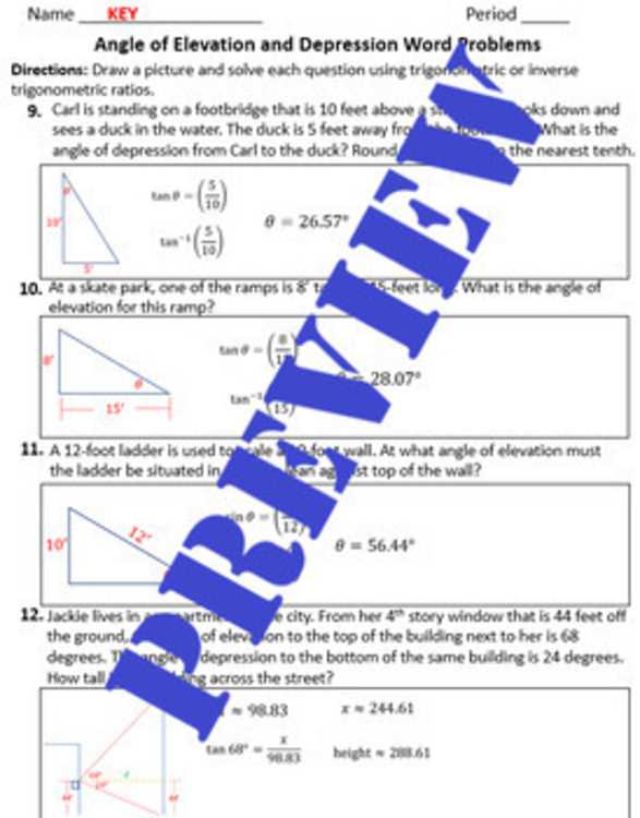 angle of elevation & depression trig worksheet