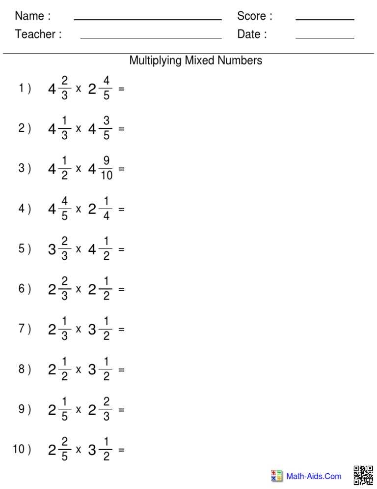multiplying mixed numbers and fractions worksheet