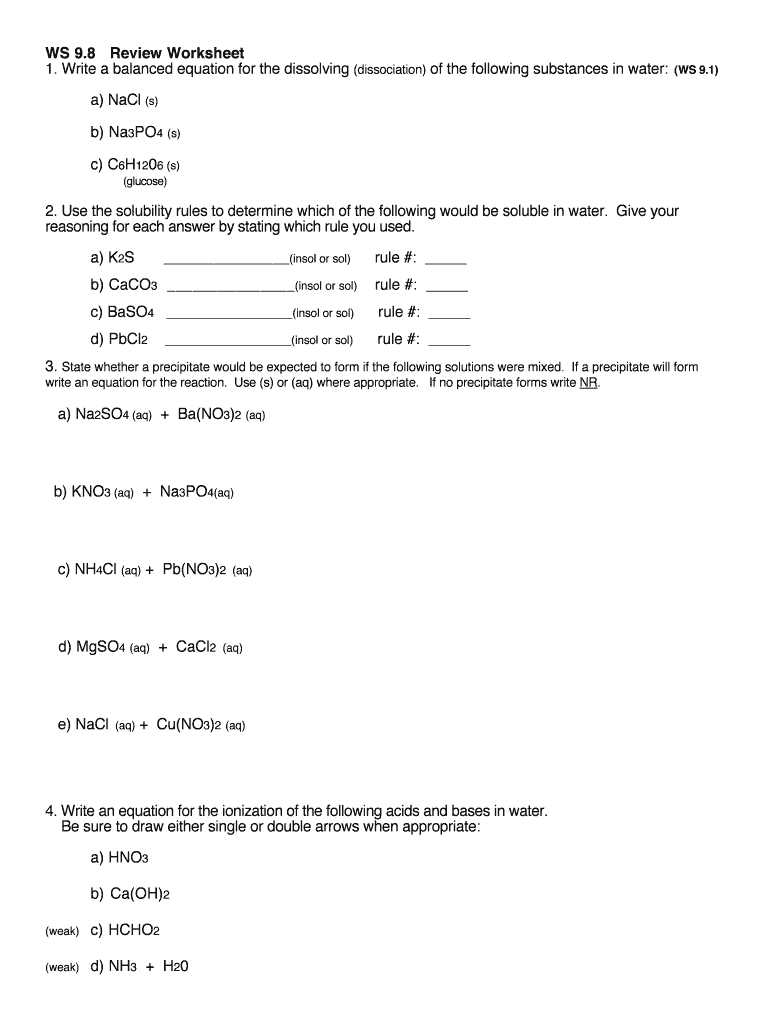 dissociation of water worksheet
