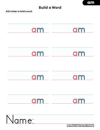 word family am worksheets