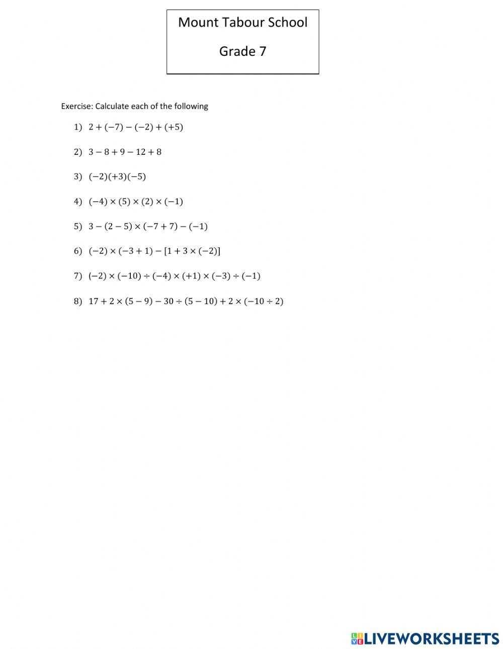order of operations with integers worksheet