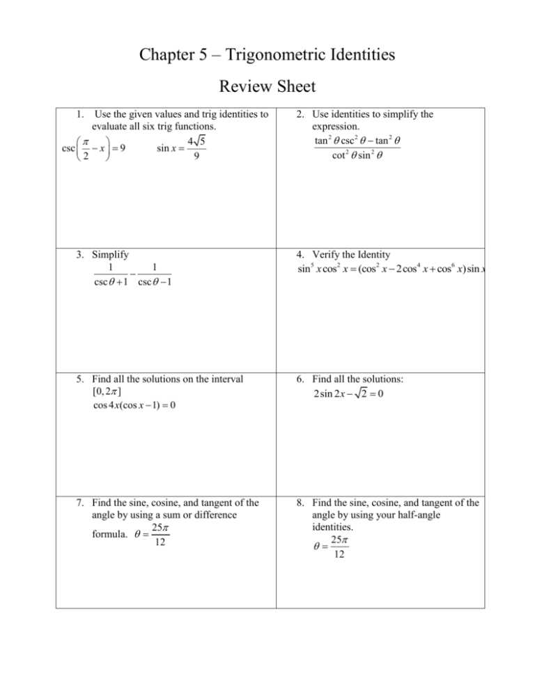 evaluating trigonometric functions of special angles worksheet