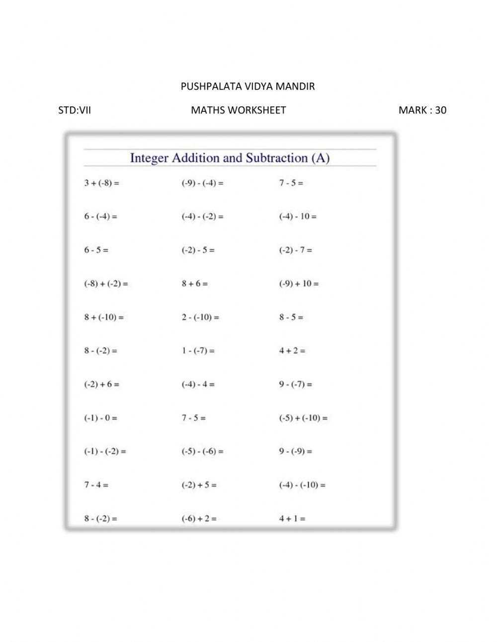 integers worksheets