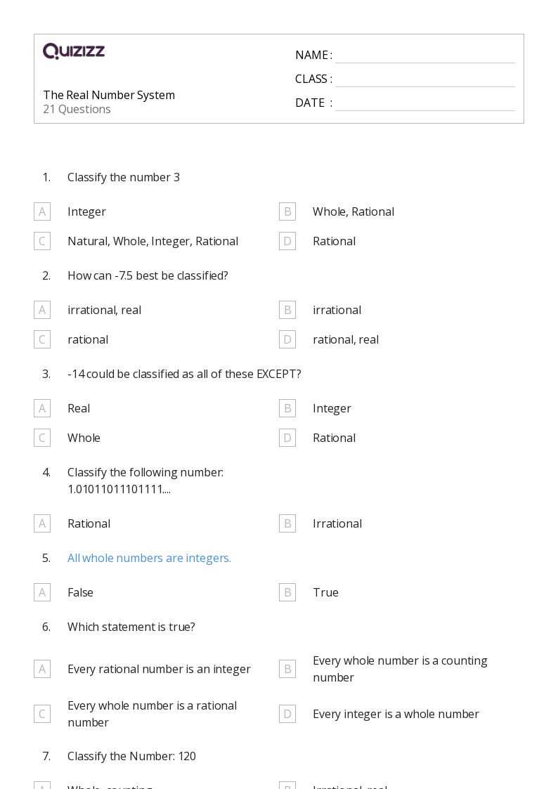 classifying using the real number system worksheet