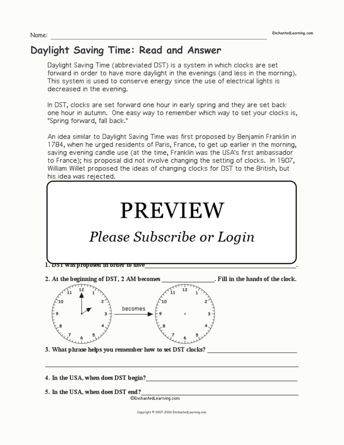 daylight savings time worksheet