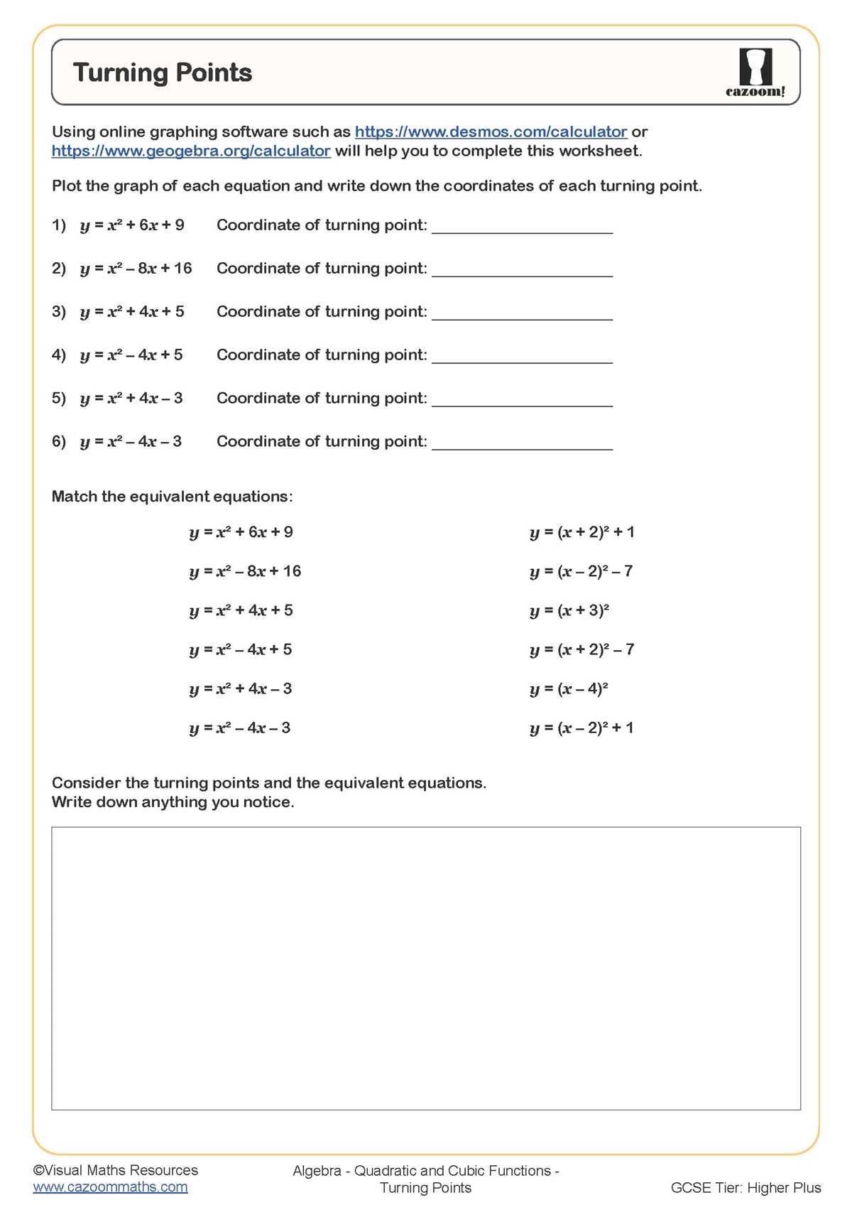 quadratic function characteristics worksheet