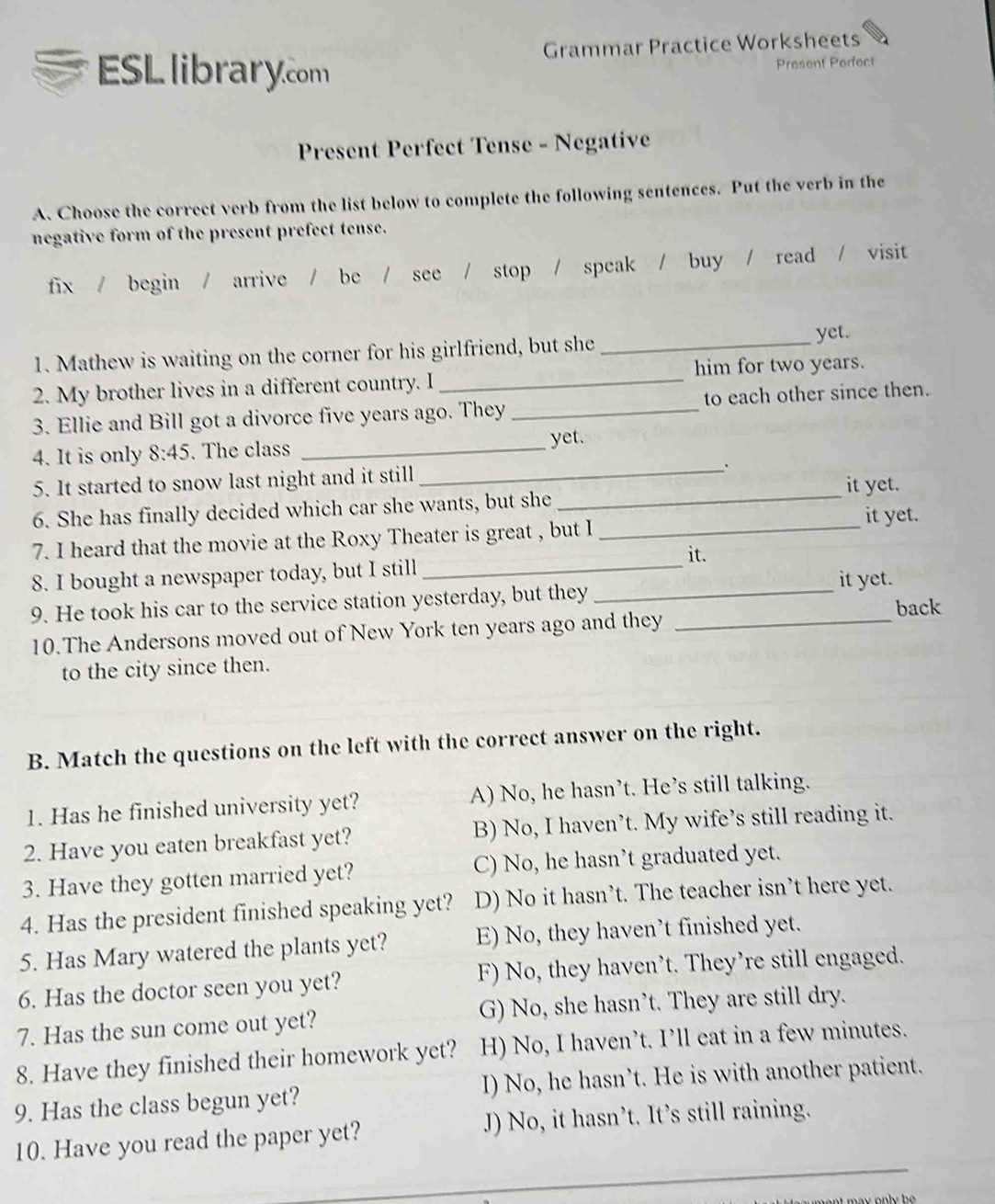 esl library com worksheets