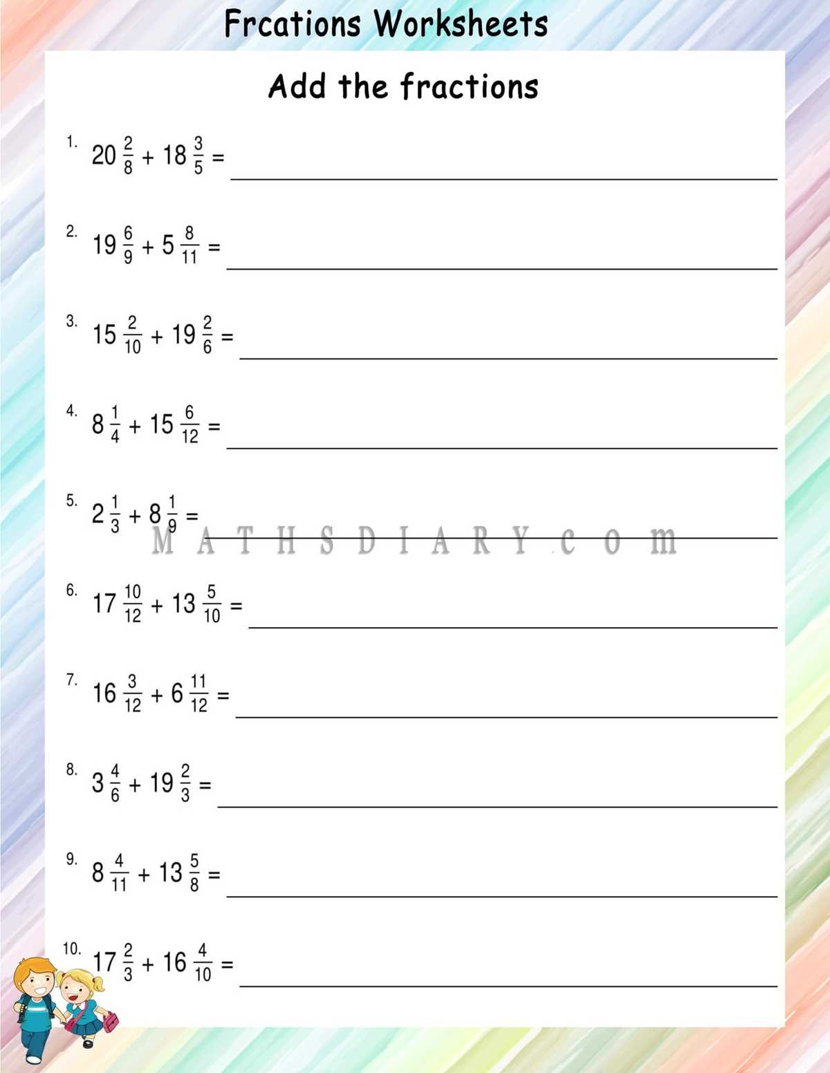 mixed fraction addition worksheets