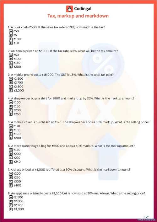 markup and markdown worksheet