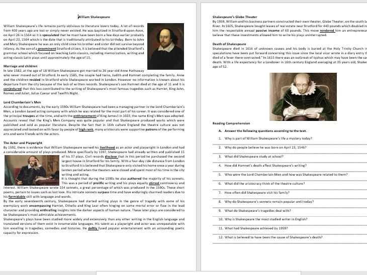 a and e biography shakespeare worksheet