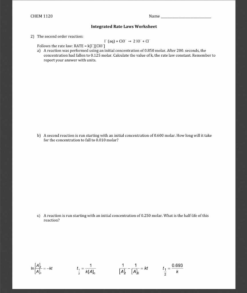 rate law worksheet