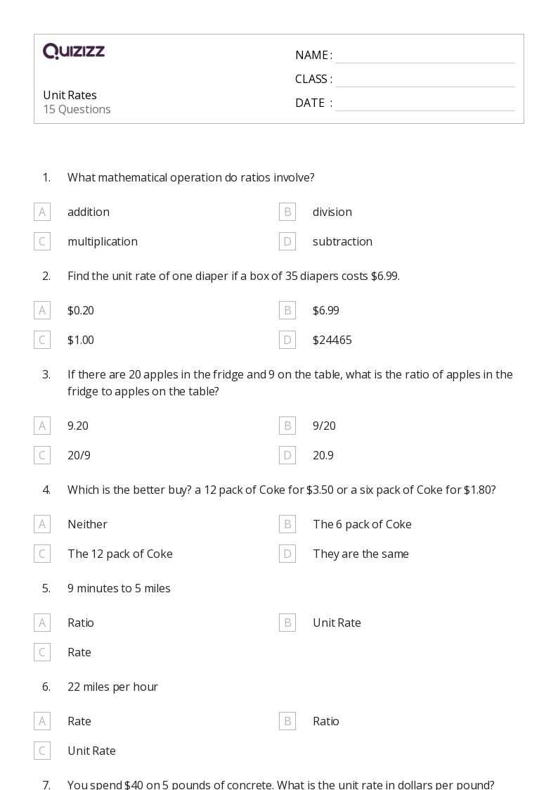 rate unit rate worksheet