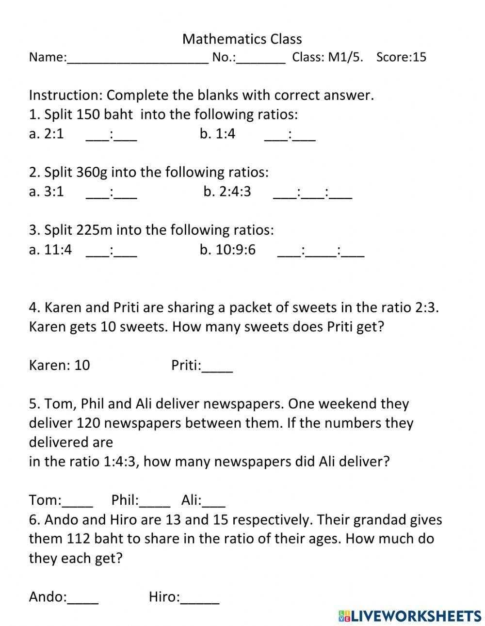 ratio worksheets 6th grade