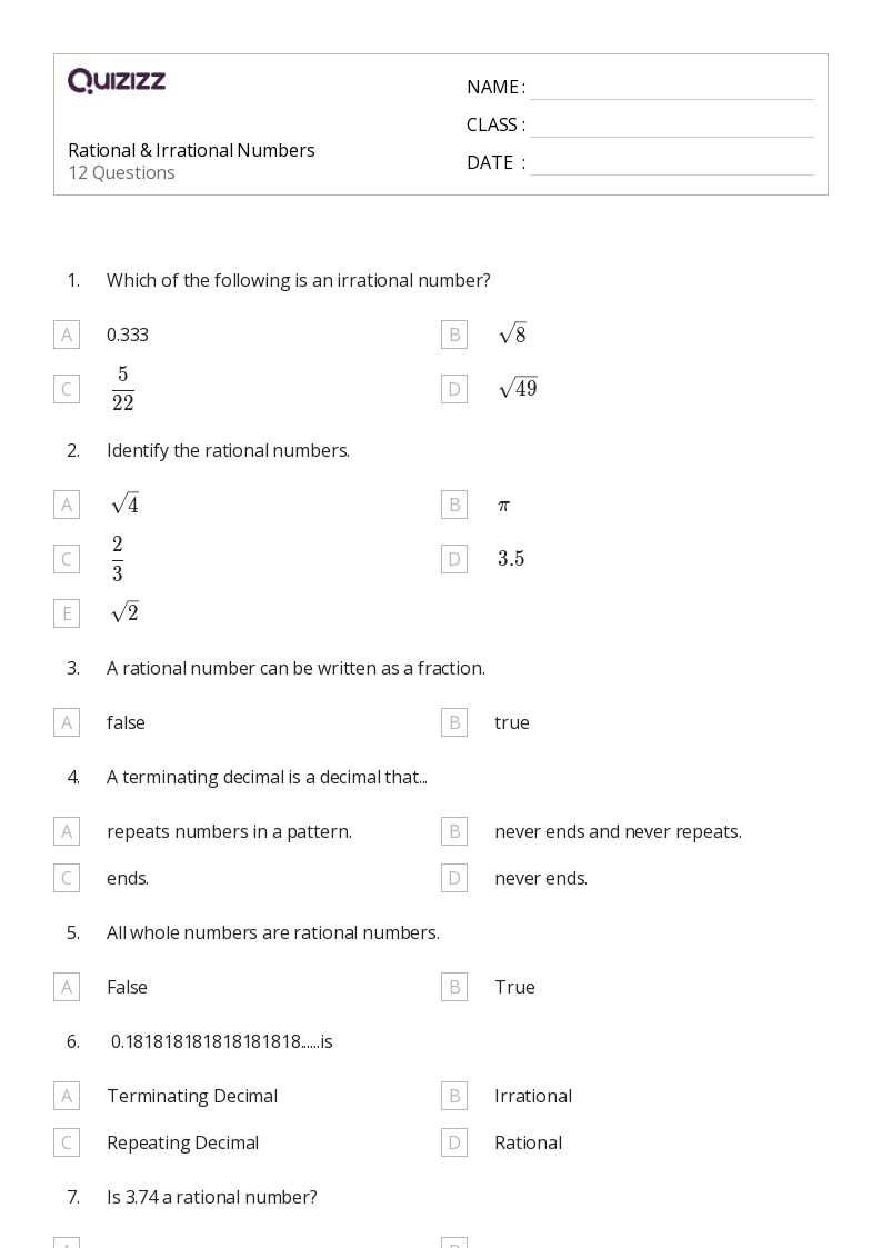 rational and irrational worksheet