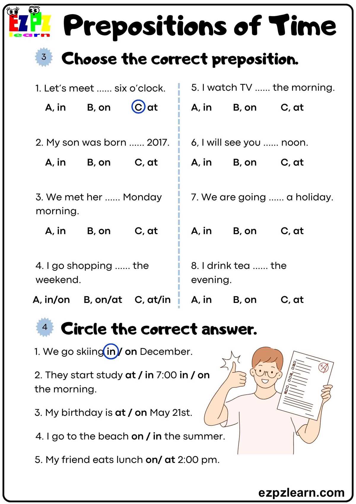 at on in prepositions of time worksheet