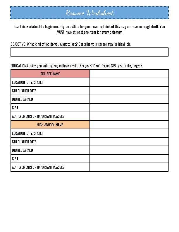resume building worksheets