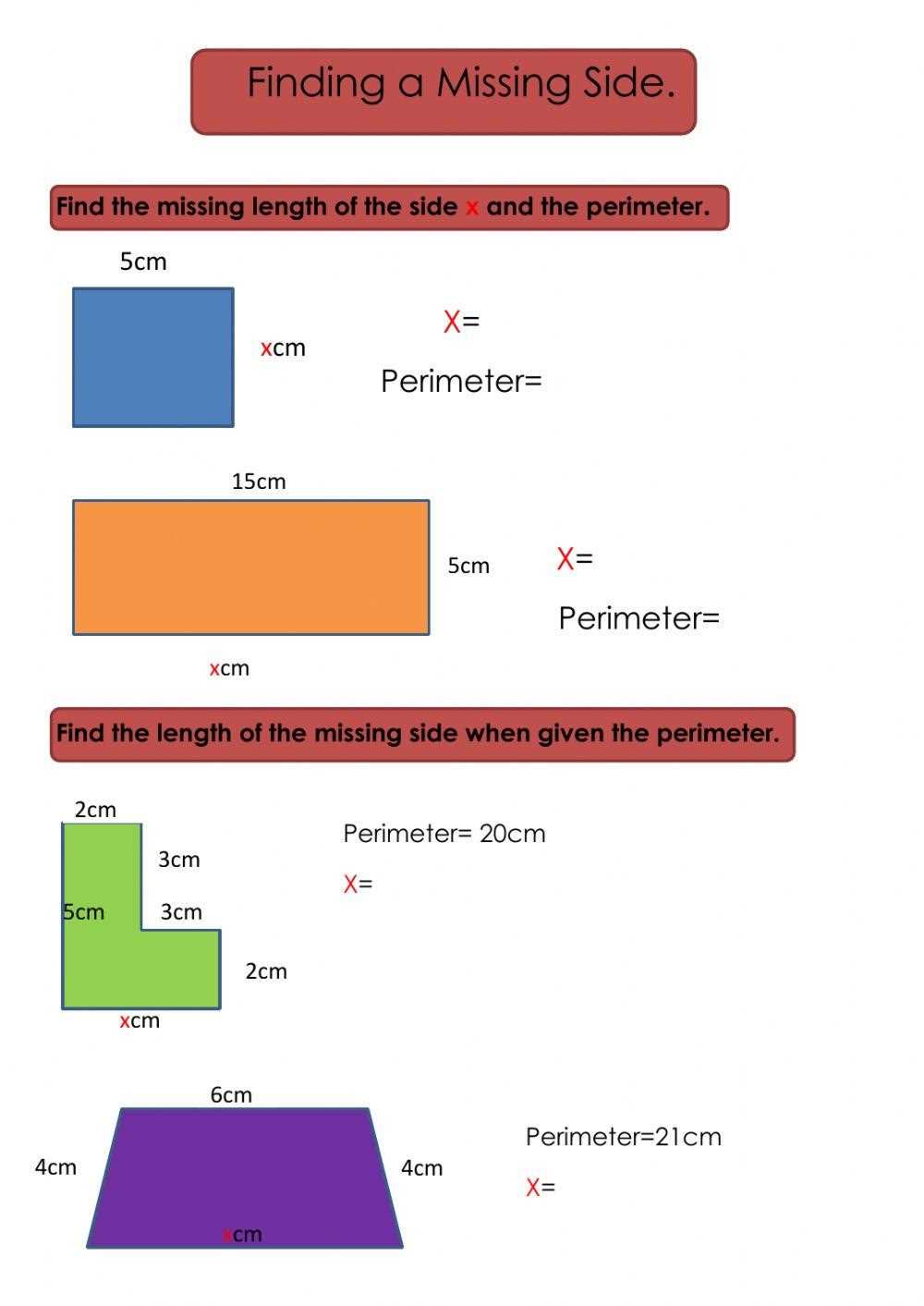 perimeter missing side worksheet