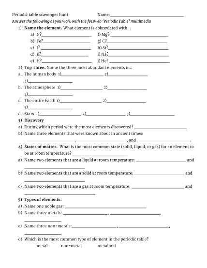 hunting the elements worksheet