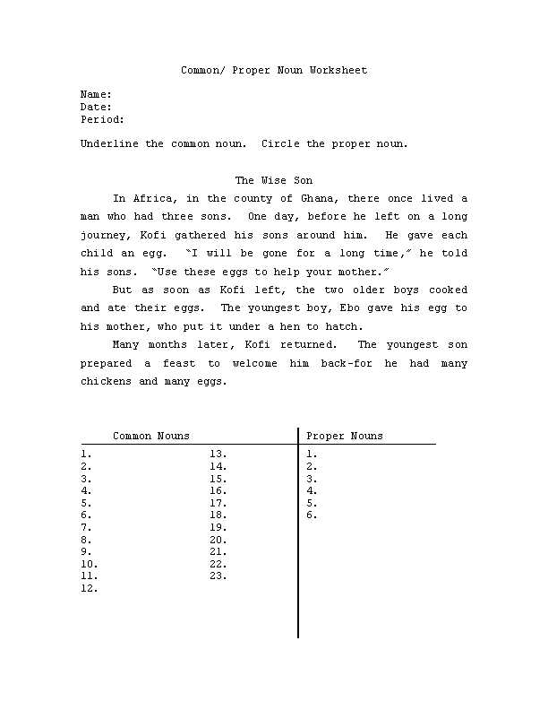 worksheet of common noun and proper noun