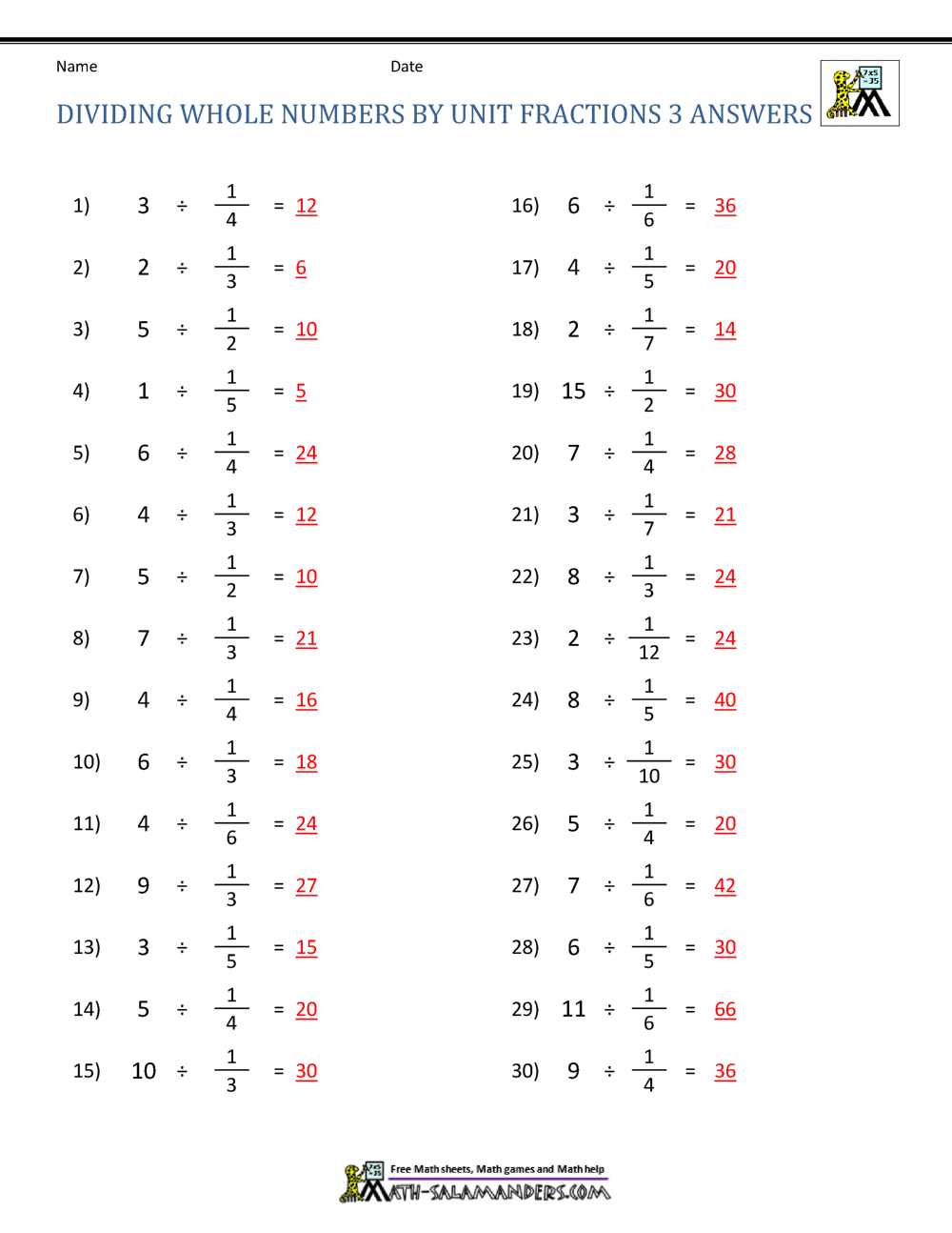 dividing whole numbers by fractions worksheet