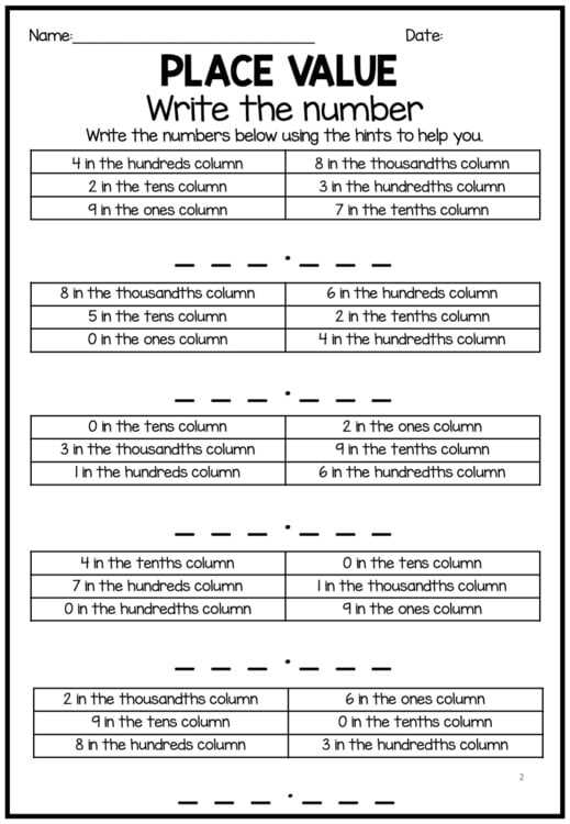 thousandths place value worksheets