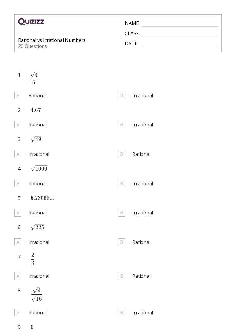 irrational numbers worksheet